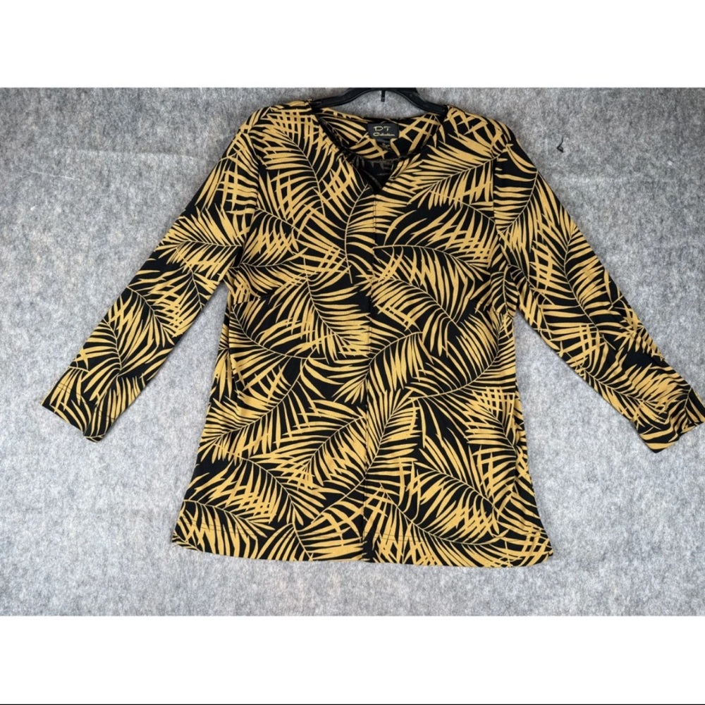DT Collection Blouse Women's XL Yellow‎ Black Leaf Print Long Sleeve V-Neck Top